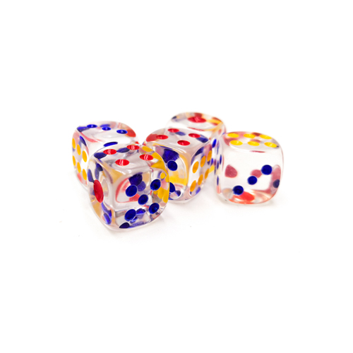 Six-sided rounded transparent dice